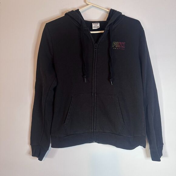 Victoria’s Secret PINK LOVE PINK Hoodie Black Rainbow Logo Full Zip Women’s M - Picture 1 of 7